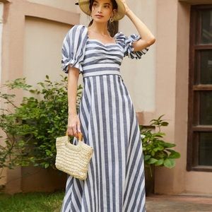 SHEIN Puff Sleeve Sweetheart Neckline Navy White Striped Milkmaid Dress Size XS